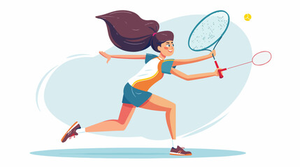 Happy active woman playing badminton vector flat illustration