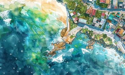 Illustrate an aerial view landscape using watercolor, featuring a coastal town embracing biodegradable technology Capture the vibrant hues of the ocean and eco-friendly structures with a touch of whim - obrazy, fototapety, plakaty