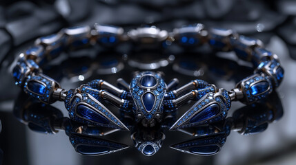 Fototapeta premium An edgy, futuristic scorpion-shaped bracelet featuring neon blue sapphires and polished silver. Bold and innovative design.