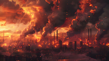 A vast pharmaceutical company’s processing facility is ablaze. with plumes of smoke and tongues of fire leaping from the earth. - obrazy, fototapety, plakaty