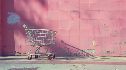 Empty shopping cart in front of pink wall by building exterior
