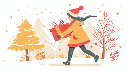 Obraz na płótnie Canvas Happy child carrying Christmas gift box walking outdoor