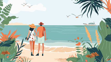 Obraz na płótnie Canvas Happy couple on peaceful beach seaside on summer holi