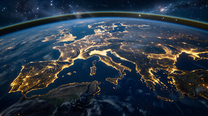 A view of the Earth from space. with lights glowing on its surface showing large cities and major biomes like oceans - obrazy, fototapety, plakaty