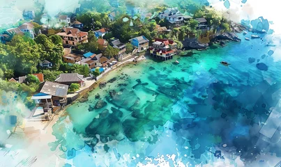 Fotobehang Illustrate an aerial view landscape using watercolor, featuring a coastal town embracing biodegradable technology Capture the vibrant hues of the ocean and eco-friendly structures with a touch of whim © NeeArtwork