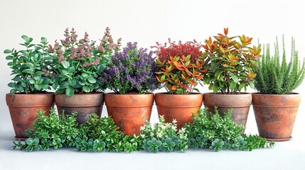 A collection of ornamental and aromatic herbs and shrubs in terracotta pots against a white background