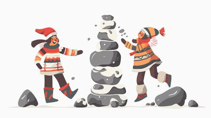 Happy eskimo teenagers playing game having fun togeth - obrazy, fototapety, plakaty