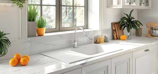 The serenity of a modern white kitchen with a photo capturing the sleek details. Including a pristine quartz countertop with a kitchen sink and water tap, accompanied by vibrant oranges, a potted plan
