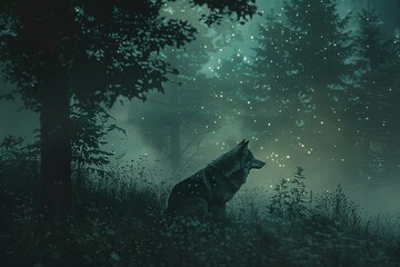 a wolf standing in the middle of a forest at night - Powered by Adobe