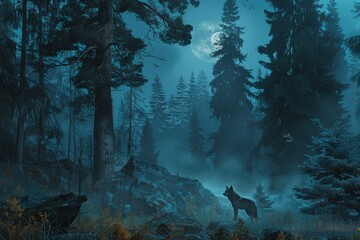 a wolf standing in the middle of a forest at night - Powered by Adobe