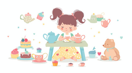 Happy girl playing with cute plush toys imagining tea