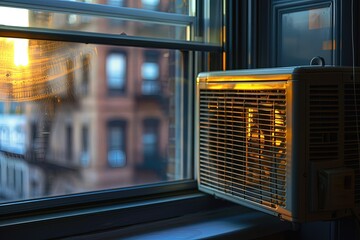 a window air conditioner sitting on top of a window sill