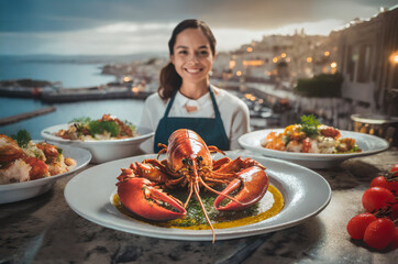 Aragosta servita su piatto, sullo sfondo mare italiano e cuoca sorridente