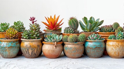 A collection of succulents and cacti in terracotta pots on white background