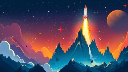 Rocket Launch: Illustrations of Cosmic Planets and Aerospace Themes