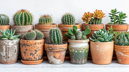A display of cacti and succulents in terracotta pots against an white background