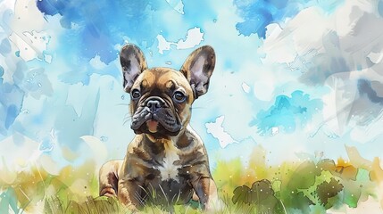 Watercolor painting of a french bulldog puppy in a yard