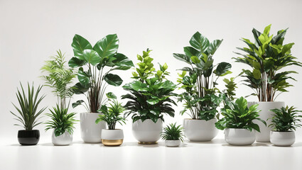 Several potted plants sit in a row against a white background.

]