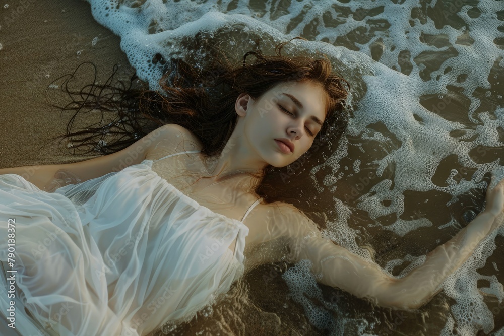 Wall mural a woman in a white dress laying on the beach