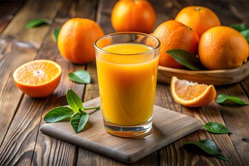Obraz na płótnie Canvas freshly squeezed orange juice in a glass. surrounded by fresh oranges. image for cafes and restaurants
