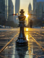 Close up of a chess piece on a board with shadows of tall buildings, strategic business moves concept.