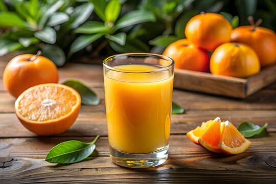 freshly squeezed orange juice in a glass. surrounded by fresh oranges. image for cafes and restaurants