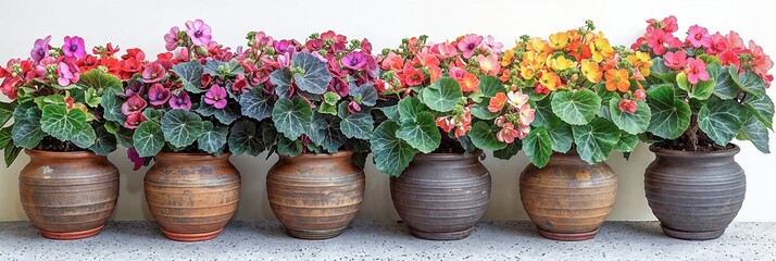 A row of begonias with colorful blooms on a white background