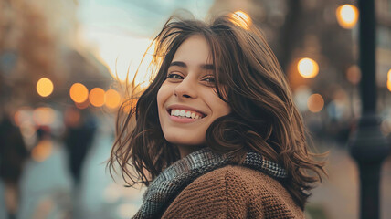 happy smiling girl on the background of the city - obrazy, fototapety, plakaty