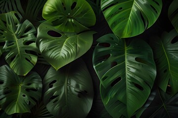 closeup tropical green leaf background. Flat lay, fresh wallpaper banner concept Generator AI 
