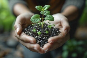 Hands holding a sprouting plant in the shape of a financial graph, nurturing business growth.
