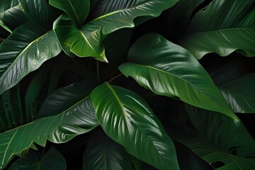 closeup tropical green leaf background. Flat lay, fresh wallpaper banner concept Generator AI 