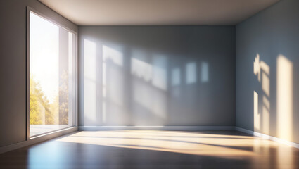A photo of an empty room with two windows and sunlight shining through the windows

