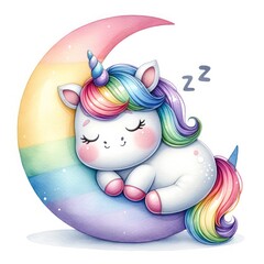 Naklejka premium Chubby unicorn rainbow sleeping on the moon watercolor clipart