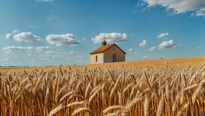 A church with a steeple and a cross on the roof sits in the middle of a wheat field. - obrazy, fototapety, plakaty