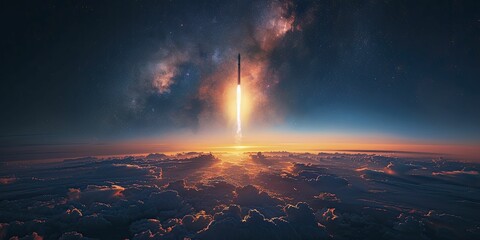 The rocket's fiery ascent symbolizes rapid business growth under the night sky's watchful gaze. - obrazy, fototapety, plakaty