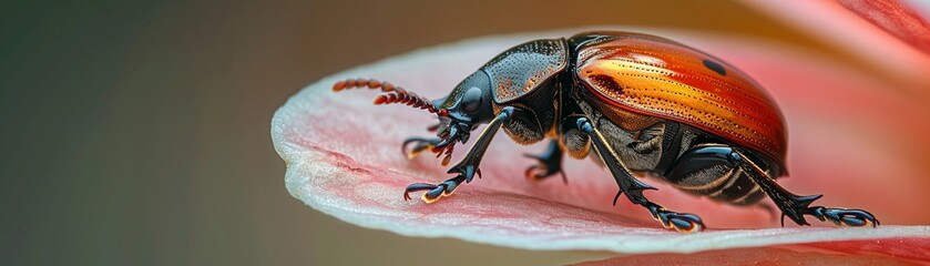 A beetle perched on a flower petal, with a soft focus on its shiny armor, perfect for botanical and wildlife art , hyper realistic - obrazy, fototapety, plakaty
