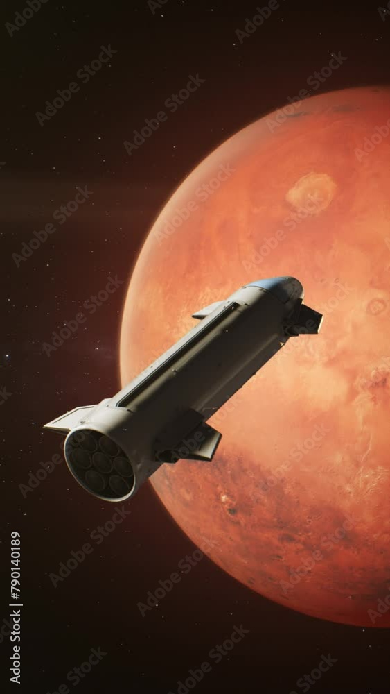 Wall mural cinematic 3d graphics of mars rotating in outer space. spacecraft orbiting red planet. manned resear