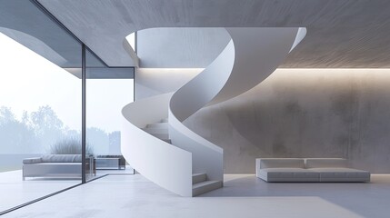 Modern architectural staircase with a sleek spiral design - obrazy, fototapety, plakaty