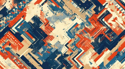 Obraz premium Experience the vibrant blend of Red Beige and Blue in this Watercolor Ethnic Design set against a dynamic Paintbrush Python Background Dive into the bold Chevron Geometric Swimwear Pattern 