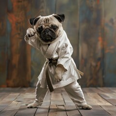 Pug in a karate gi performing a karate chop - obrazy, fototapety, plakaty