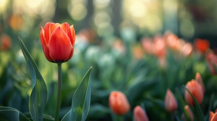 Fototapeta premium Red tulip among green leaves