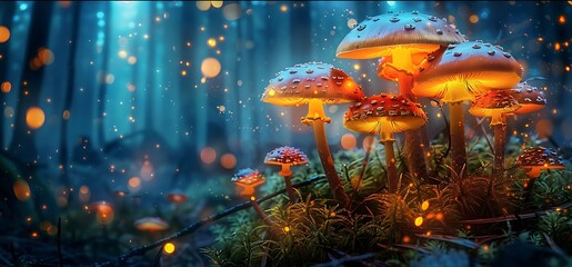glowing mushrooms in the forest - obrazy, fototapety, plakaty