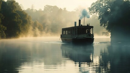 Steamboat on misty river, 1800s England, early morning light, tranquil scene, wide angle shot - obrazy, fototapety, plakaty