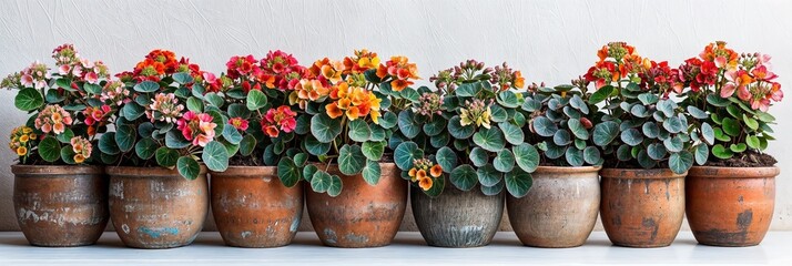 A row of flowering plants in bloom potted in weathered terracotta pots against a white background