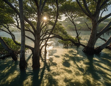 Aerial view of a coastal mangrove forest, highlighting the vital role of mangroves in protecting coastal ecosystems and mitigating climate change.
