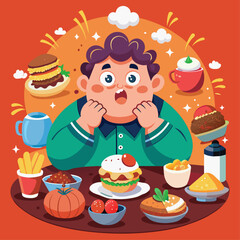 A very fat man eats a lot of different dishes. Nervousness, gluttony. Self-denial, self-condemnation, eating problems and emotional problems. A flat vector illustration from a cartoon.