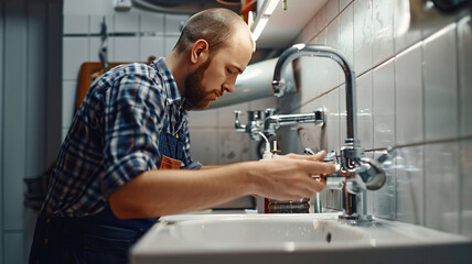 a plumber repairs a faucet