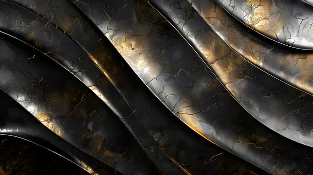 Abstract background of black and gold patterned curves made from polished metal texture. forged in dark bronze alloy with thin scratches. Perfect for design elements