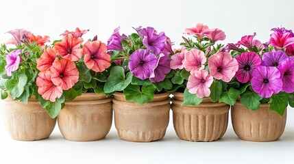 A row of earthenware pots with colorful begonia plants on a white background