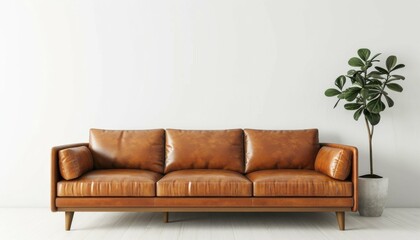 Living room wall mockup featuring stylish leather sofa and decor elements against pristine white